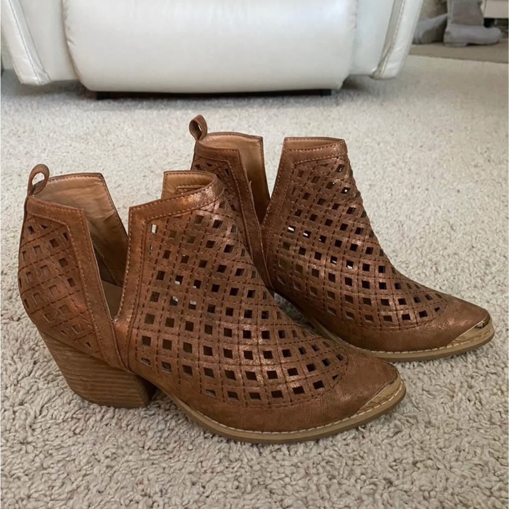 Brown Suede Ankle Boots with Perforated Design